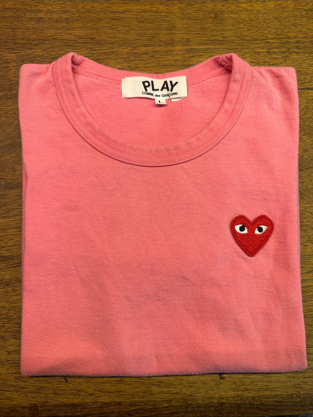 Comme des Garçons PLAY Pink Short Sleeve Tee with Red Heart Patch